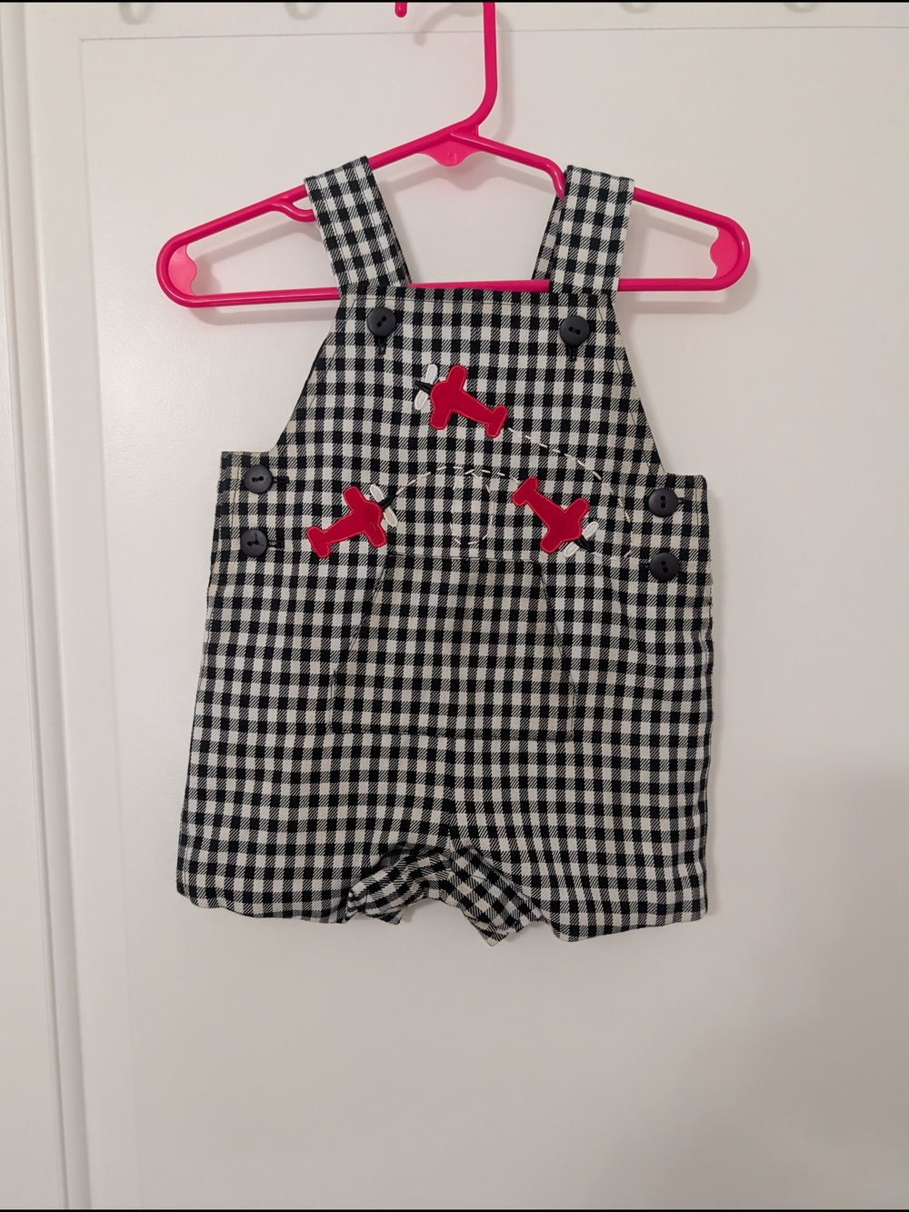Vintage Black & White Gingham Overalls with Red Airplane Accents